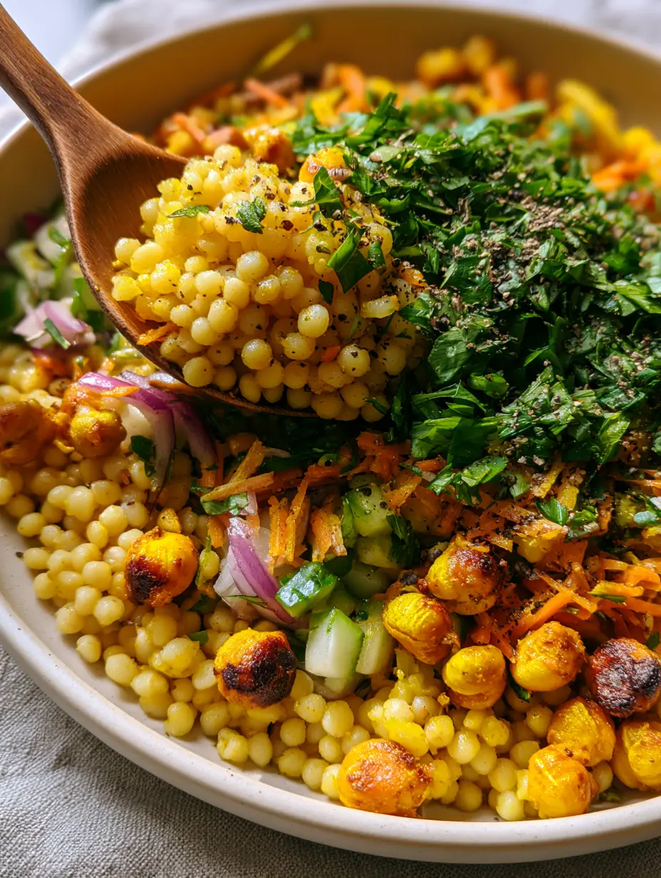 Curried Couscous Chickpea Salad with Golden Roasted Turmeric Chickpeas 4 Close up shot of fluffy pearl couscous and golden turmeric-roasted chickpeas with charred edges in a Curried Couscous Chickpea Salad.
