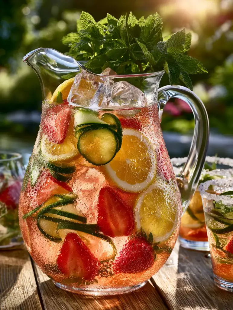 Summer Batch Cocktails: The Ultimate Sparkling Strawberry-Cucumber Rose Spritzer 2 Close-up of a sweating crystal pitcher filled with sparkling rose-gold summer batch cocktails and clear ice cubes.