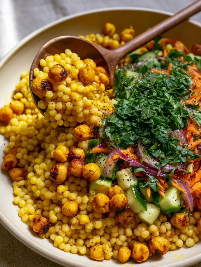 Curried Couscous Chickpea Salad with Golden Roasted Turmeric Chickpeas 1 Top-down view of Curried Couscous Chickpea Salad showing diced cucumbers, shredded carrots, and a heavy scatter of parsley.