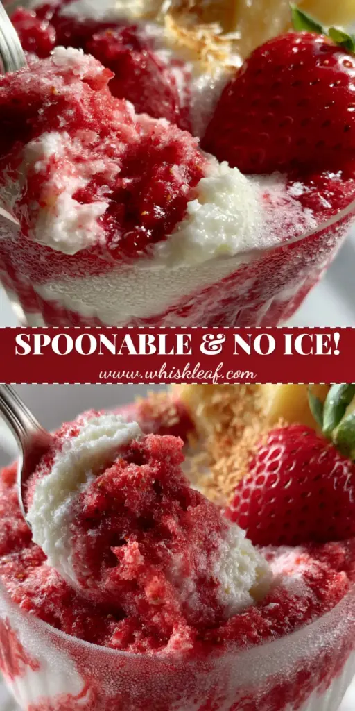 Strawberry Colada: The Ultimate Thick and Spoonable Frozen Tropical Treat 5 A thick, spoonable strawberry colada in a ribbed glass with distinct crimson swirls, topped with toasted coconut and a pineapple wedge. (strawberry colada)