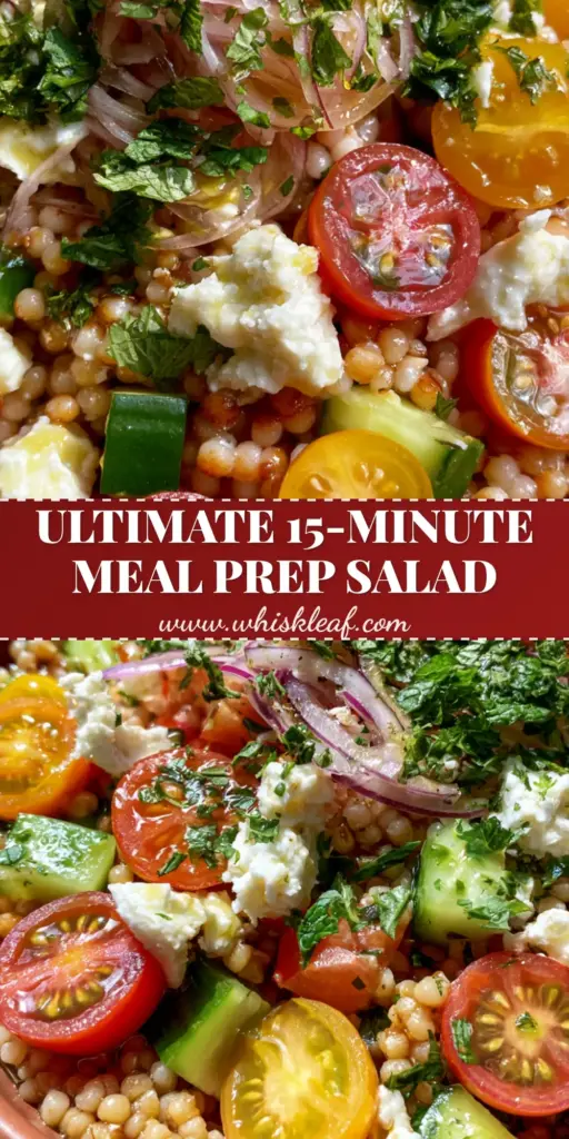 Mediterranean Pearl Couscous Salad with Toasted Grains and Lemon-Herb Vinaigrette 4 A close-up shot of a Mediterranean pearl couscous salad in a terracotta bowl featuring red and yellow tomatoes, cucumbers, and feta.
