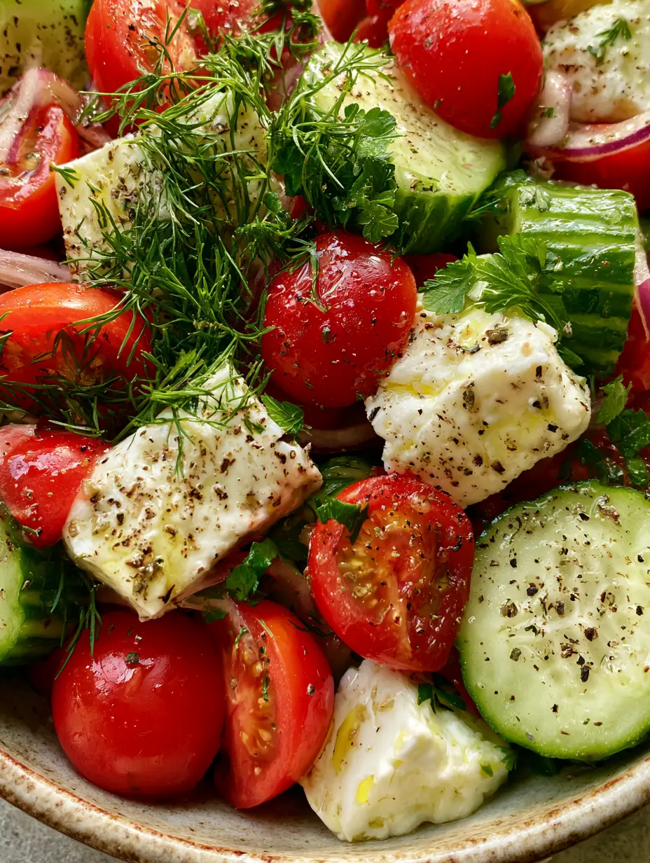 Macro shot of ridged English cucumbers and halved cherry tomatoes in a Mediterranean salad. (Cucumber and Tomato Salad)