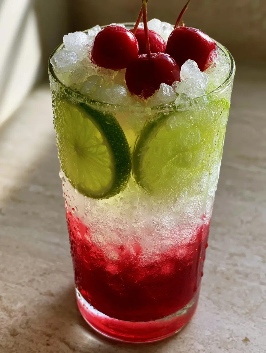 Cherry Limeade Recipe: The Ultimate Refreshing Summer Sip 3 Tall glass of vibrant cherry limeade with nugget ice and lime wheels on a stone countertop. (cherry limeade recipe)