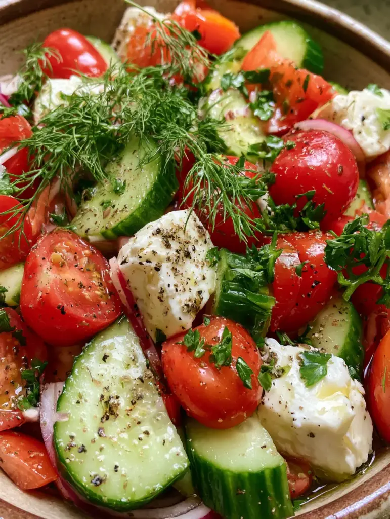 Detailed view of creamy feta chunks and fresh dill over a Cucumber and Tomato Salad.