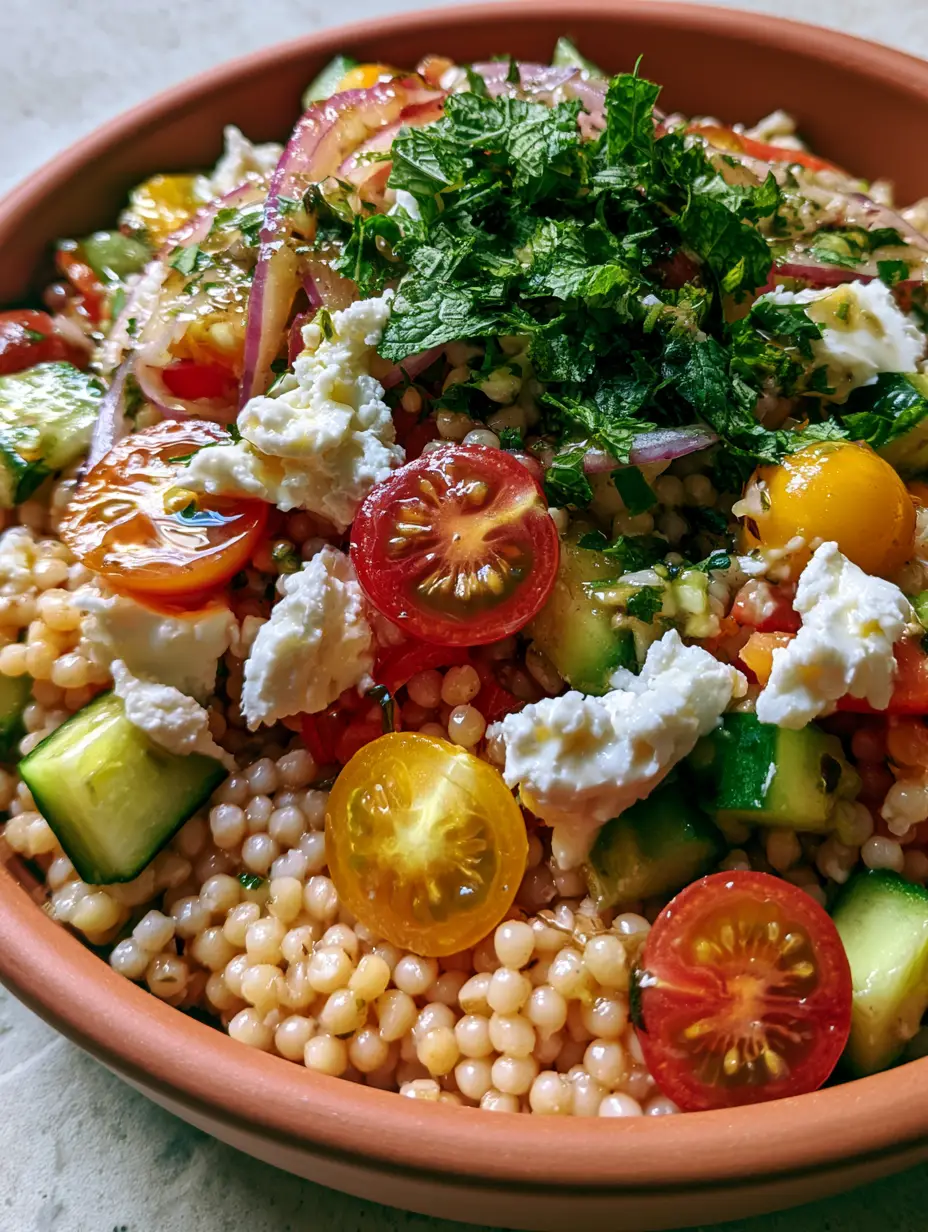 Mediterranean Pearl Couscous Salad with Toasted Grains and Lemon-Herb Vinaigrette 3 Macro food photography of glistening toasted pearl couscous grains with vibrant cucumbers and sheep's milk feta. (Mediterranean pearl couscous salad)