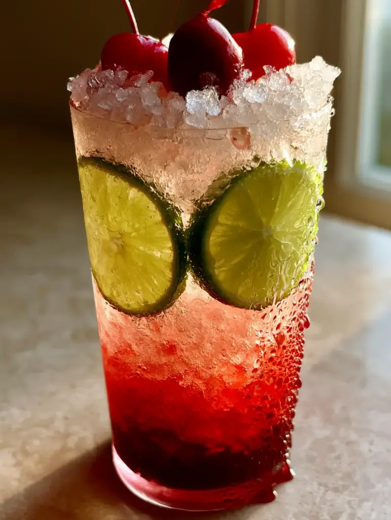 Cherry Limeade Recipe: The Ultimate Refreshing Summer Sip 1 A high-resolution shot of cherry limeade highlighting the nugget ice and condensation droplets.