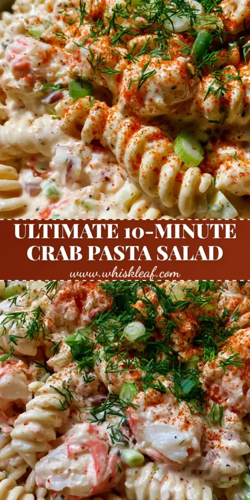 Crab Pasta Salad with Creamy Old Bay Dressing 4 A high-angle photo of a premium ceramic bowl filled with creamy Crab Pasta Salad featuring rotini, chunky imitation crab, and a heavy dusting of Old Bay seasoning on a stone countertop.
