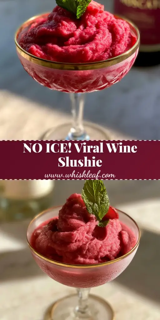 Wine Slushies with Moscato and Frozen Strawberries 4 A thick, fuchsia pink wine slushie in a gold-rimmed vintage crystal glass with condensation and a mint garnish. (wine slushies)