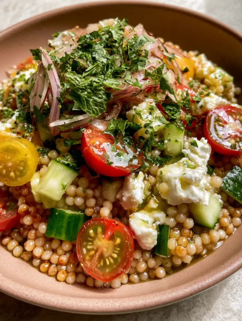 Mediterranean Pearl Couscous Salad with Toasted Grains and Lemon-Herb Vinaigrette 1 Halved heirloom cherry tomatoes showing seeds mixed with couscous and paper-thin red onions. (Mediterranean pearl couscous salad)