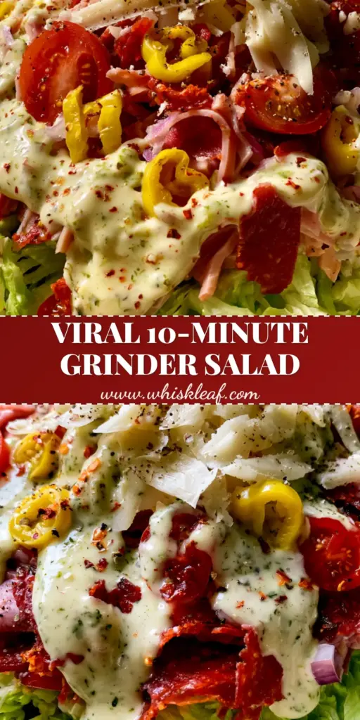 A towering mountain of shredded iceberg lettuce topped with julienned salami, ham, and mini pepperoni, heavily drizzled with a glossy creamy herb dressing in a white bowl. (Grinder Salad)