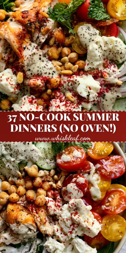 A vibrant Mediterranean power bowl with rotisserie chicken, chickpeas, and feta cheese, perfect for summer dinner recipes.