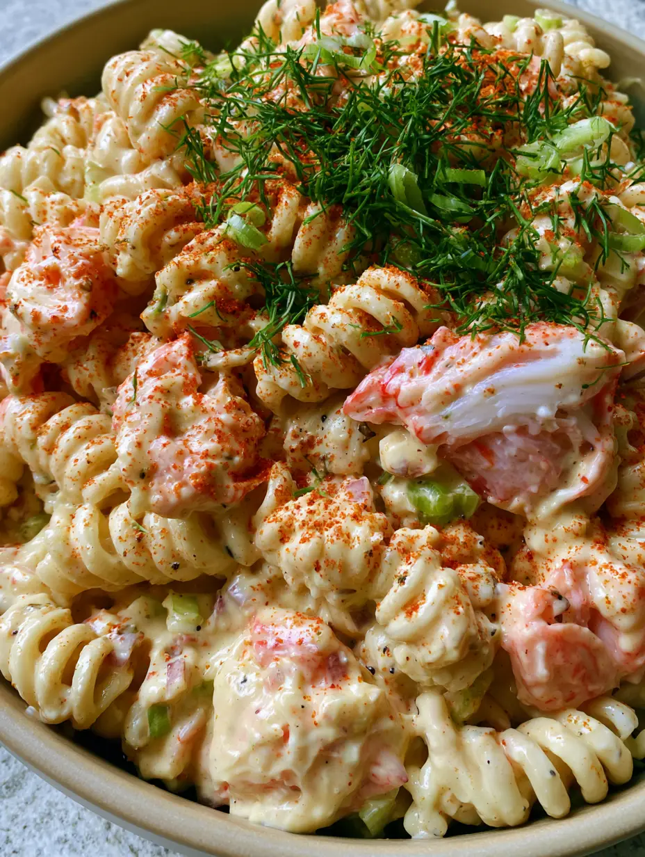 Crab Pasta Salad with Creamy Old Bay Dressing 3 Close-up of rotini pasta coated in a glossy white dressing with visible pieces of pink and white imitation crab meat and fresh dill flecks. (Crab Pasta Salad)