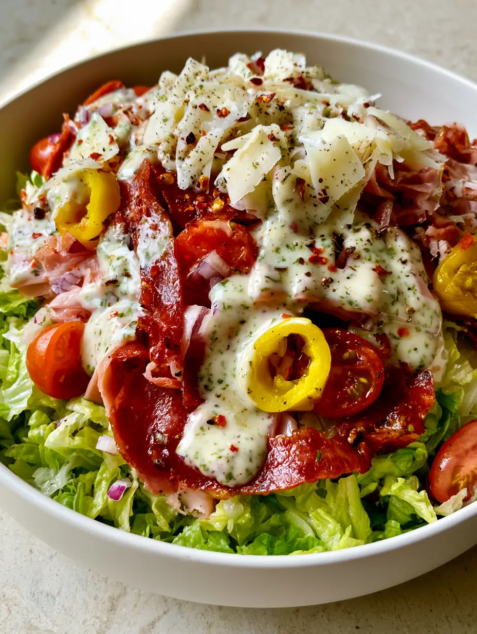 A close-up, high-angle shot of an Italian Grinder Salad showing the textures of shredded lettuce, glossy dressing, and sliced deli meats. (Grinder Salad)