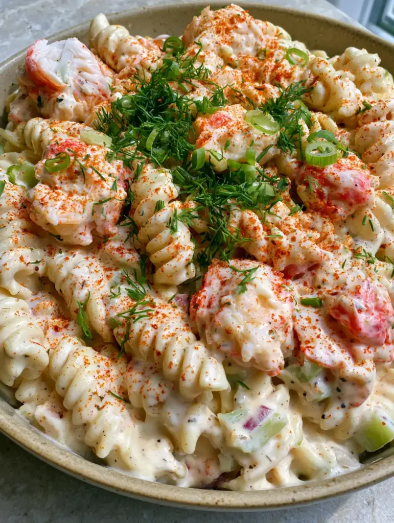 Crab Pasta Salad with Creamy Old Bay Dressing 1 Overhead view of a seafood pasta salad in a ceramic bowl, garnished with scallions and orange-red spice on a light grey stone surface. (Crab Pasta Salad)