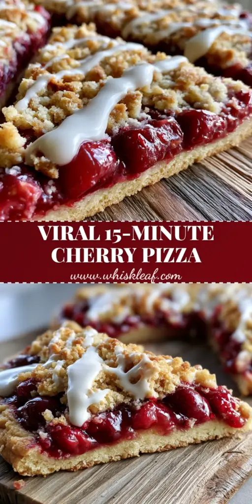 Cherry Dessert Pizza with a Buttery Sugar Cookie Crust 4 A close-up shot of a Cherry Dessert Pizza on a wooden board with golden-brown crust and a thick white icing drizzle.