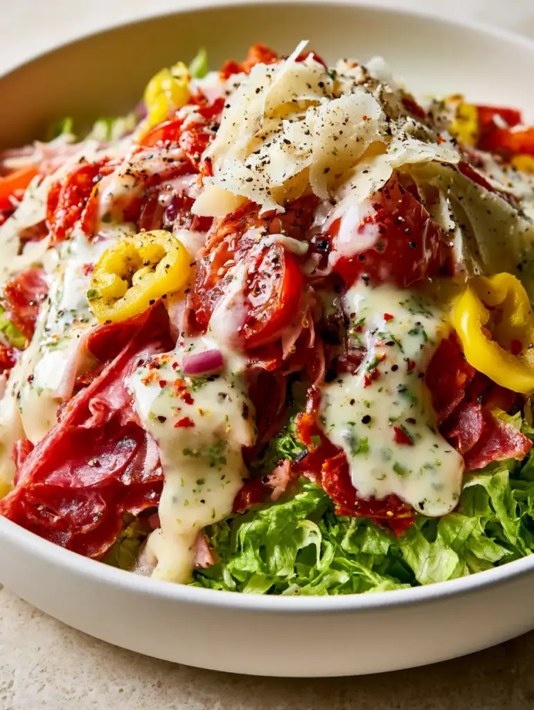 A beautifully assembled Grinder Salad in a matte white bowl featuring bright yellow banana peppers, red tomatoes, and shaved provolone. (Grinder Salad)