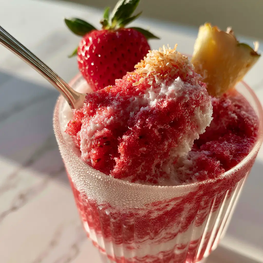Strawberry Colada: The Ultimate Thick and Spoonable Frozen Tropical Treat 1 A chilled ribbed glass containing a layered strawberry colada with deep crimson swirls and a fine layer of condensation on the glass surface. (strawberry colada)