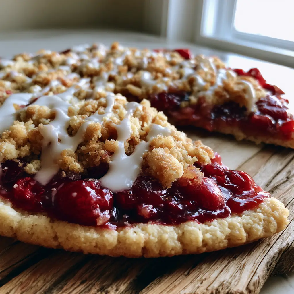 Cherry Dessert Pizza with a Buttery Sugar Cookie Crust 2 Handheld photo of fresh Cherry Dessert Pizza featuring glossy ruby-red filling and toasted streusel.