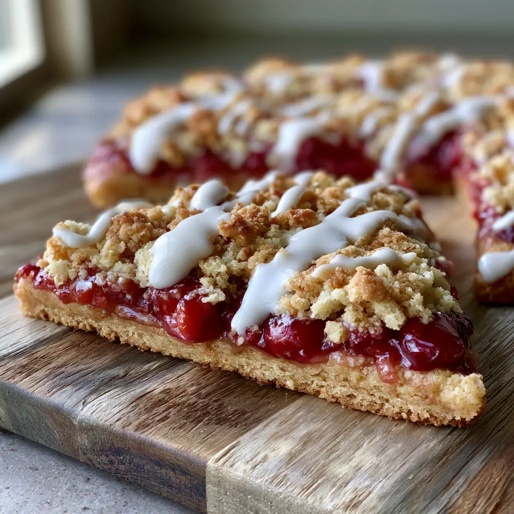 Cherry Dessert Pizza with a Buttery Sugar Cookie Crust 1 A slice of Cherry Dessert Pizza being lifted to reveal the warm, gooey fruit center.