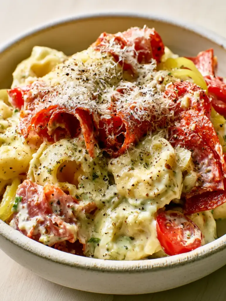A rustic white bowl filled with Italian Grinder Tortellini Salad topped with wispy parmesan cheese.