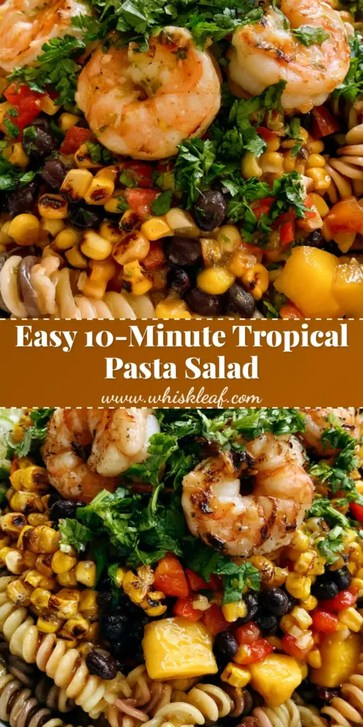 Jimmy Buffett Pasta Salad: The Ultimate Tropical Shrimp and Mango Feast 4 A high-angle photo of a Jimmy Buffett Pasta Salad in a large white bowl featuring grilled shrimp, mango, and tri-color rotini.