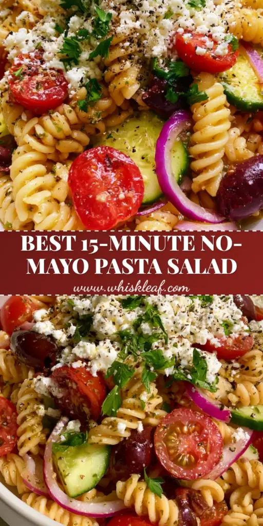 A top-down view of a tangy pasta salad in a white bowl, showing rotini, red onions, and olives. (tangy pasta salad)