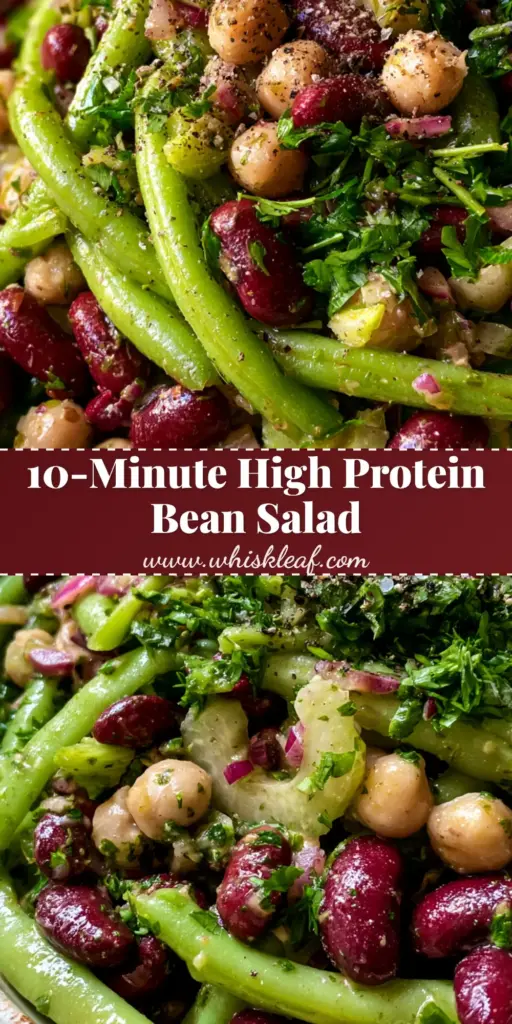 3 Bean Salad with Crisp Blanched Green Beans and Apple Cider Vinaigrette 3 A top-down view of a vibrant 3 bean salad featuring bright green string beans, dark red kidney beans, and chickpeas in a white ceramic bowl.