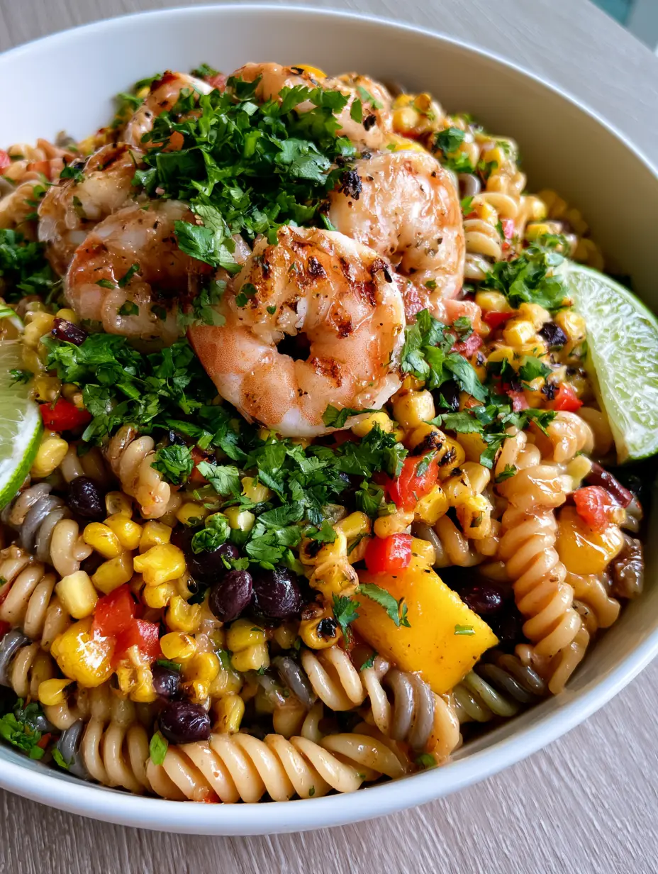 Jimmy Buffett Pasta Salad: The Ultimate Tropical Shrimp and Mango Feast 3 Close-up of succulent grilled shrimp with sear marks on a vibrant Jimmy Buffett Pasta Salad.