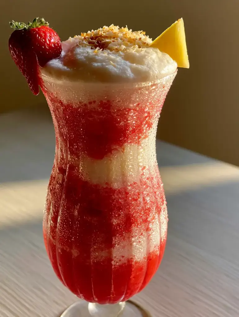 Strawberry Piña Colada: The Ultimate Layered Frozen Tropical Cocktail 2 Close up of a Strawberry Piña Colada showing tiny ice crystals and heavy condensation on a ribbed glass.