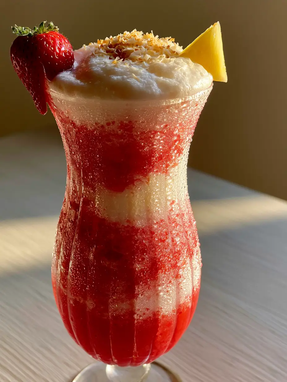 Strawberry Piña Colada: The Ultimate Layered Frozen Tropical Cocktail 4 Close up of a Strawberry Piña Colada showing tiny ice crystals and heavy condensation on a ribbed glass.