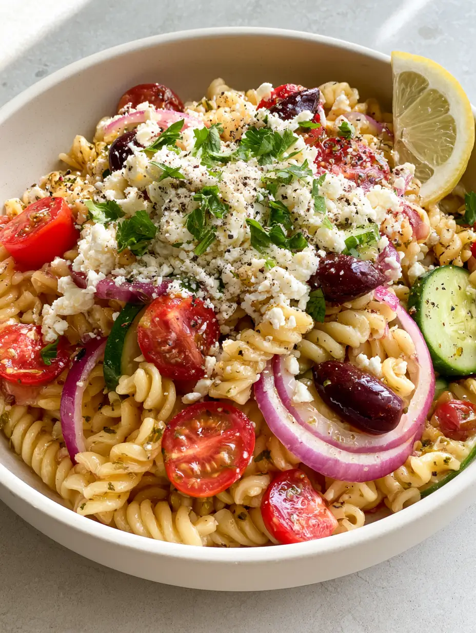 A close-up of glistening rotini pasta with cherry tomatoes and feta in a tangy pasta salad. (tangy pasta salad)