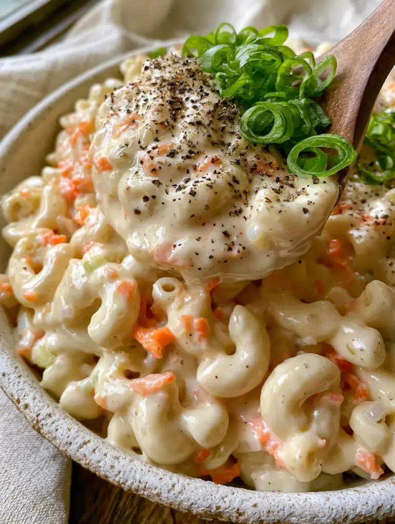 Macaroni Salad Recipe: The Ultimate Creamy Hawaiian-Style Comfort 2 Premium Hawaiian macaroni salad in a rustic white stoneware bowl with glossy ivory dressing and green scallions. (macaroni salad recipe)