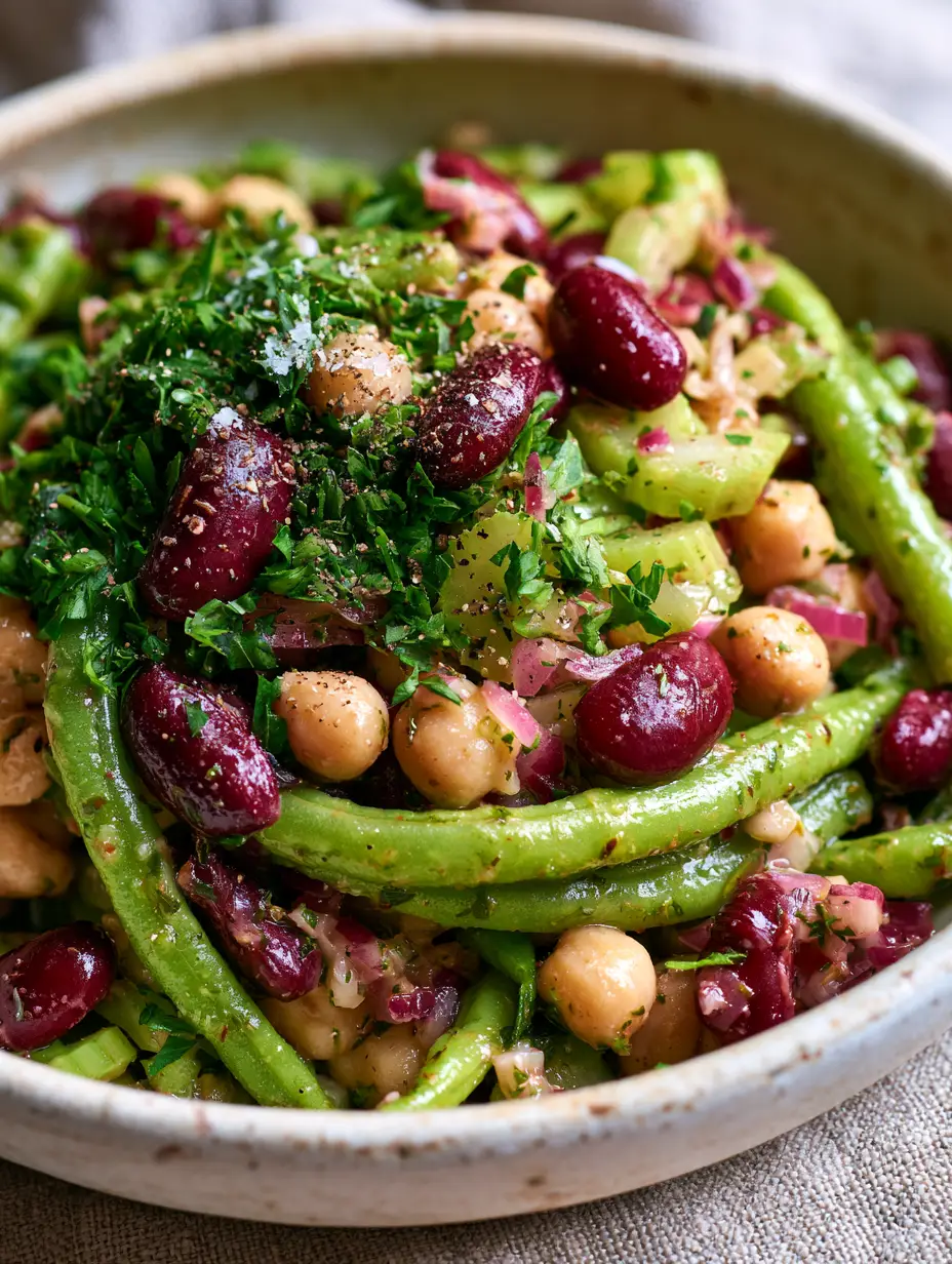 3 Bean Salad with Crisp Blanched Green Beans and Apple Cider Vinaigrette 4 Macro photo of 3 bean salad showing glistening textures of kidney beans and translucent celery crescents.