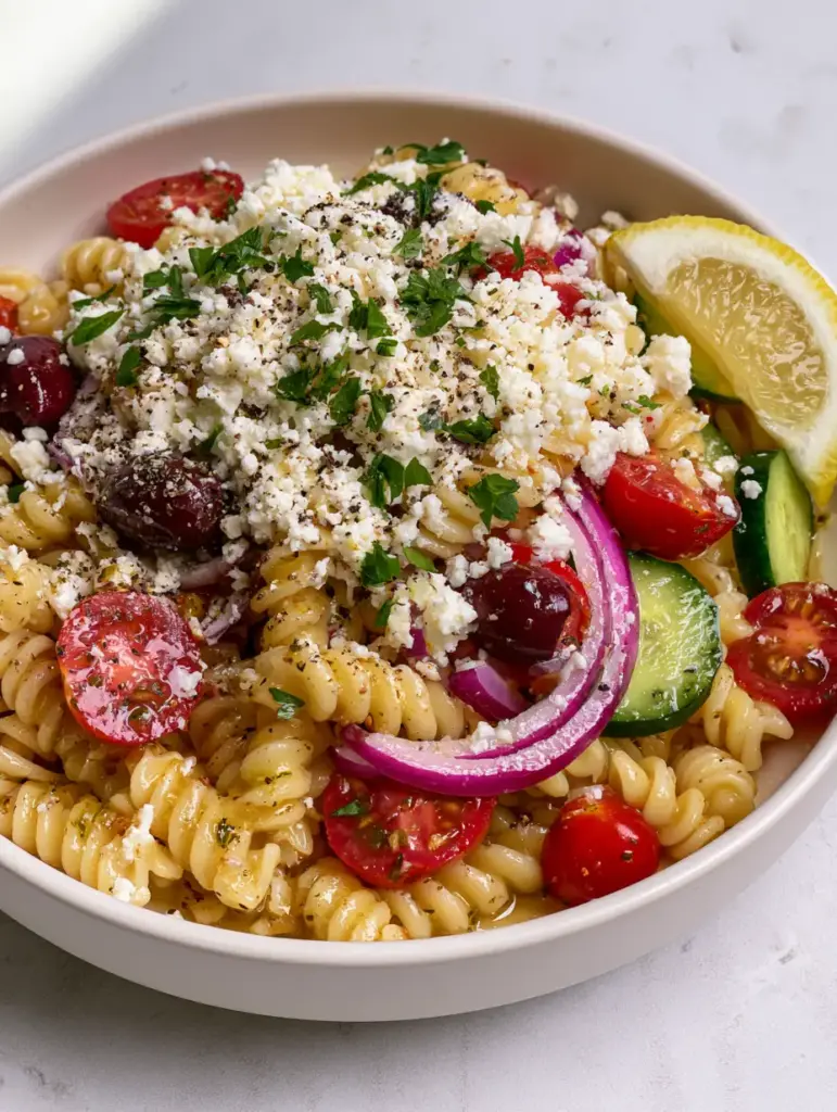 A professional shot of a zesty pasta salad with a lemon wedge on the rim of a matte white bowl.
