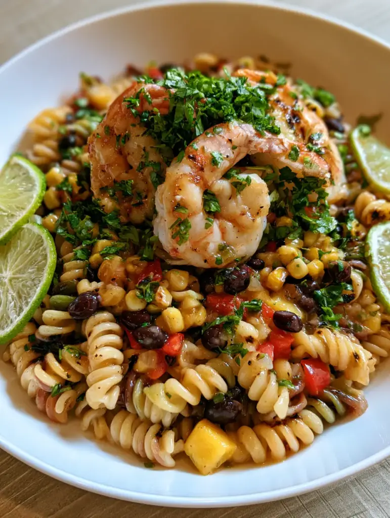 Jimmy Buffett Pasta Salad: The Ultimate Tropical Shrimp and Mango Feast 1 High-angle view of charred corn, black beans, and mango cubes in a Jimmy Buffett Pasta Salad.