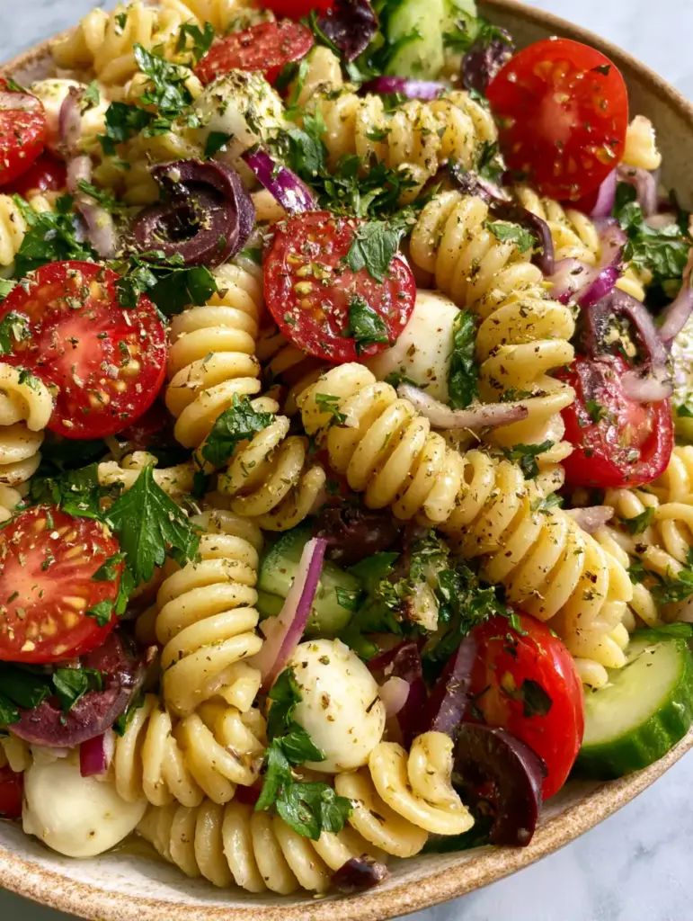 Gluten-Free Italian Pasta Salad with Zesty Herb Vinaigrette 2 Close-up of golden gluten-free rotini pasta coated in herb vinaigrette with cucumbers. (gluten-free Italian pasta salad)