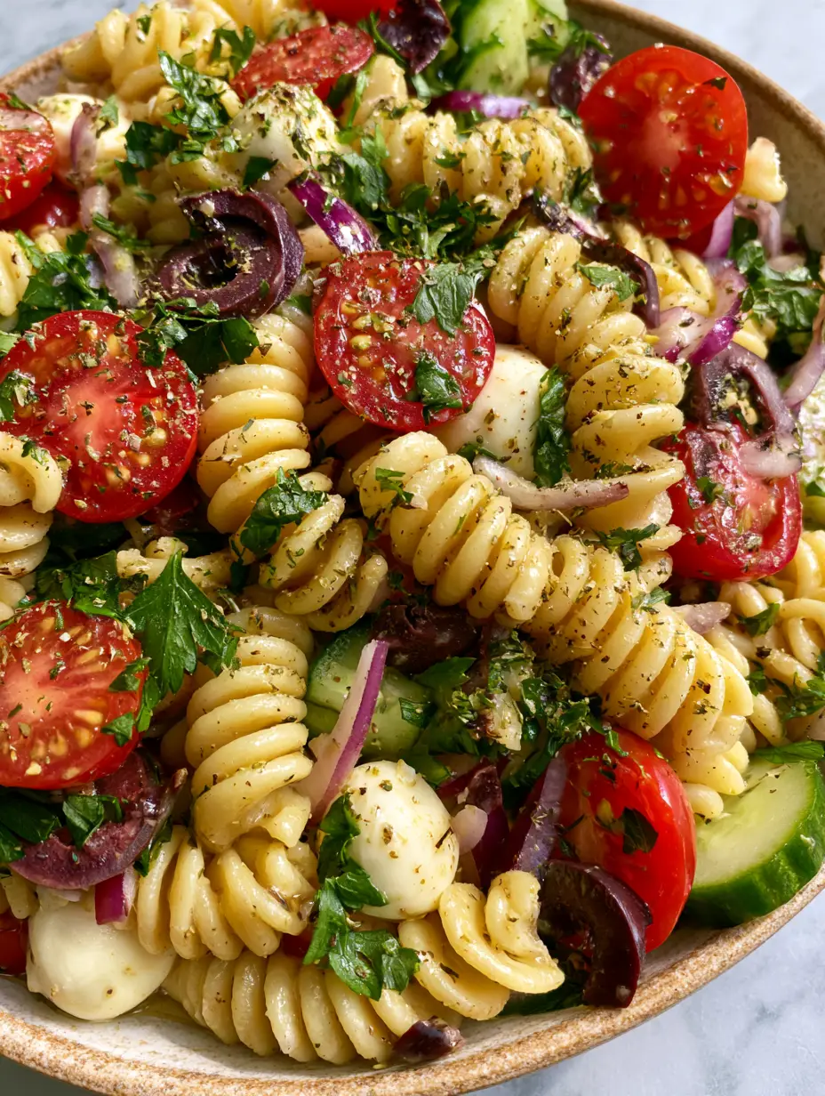Gluten-Free Italian Pasta Salad with Zesty Herb Vinaigrette 3 Close-up of golden gluten-free rotini pasta coated in herb vinaigrette with cucumbers. (gluten-free Italian pasta salad)