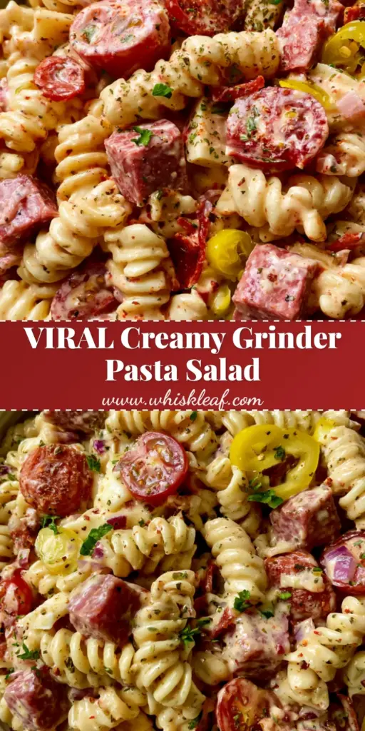 Chopped Grinder Pasta Salad with Creamy Herb Dressing 4 A top-down smartphone photo of a vibrant chopped grinder pasta salad in a white bowl featuring rotini, salami, and glossy dressing.