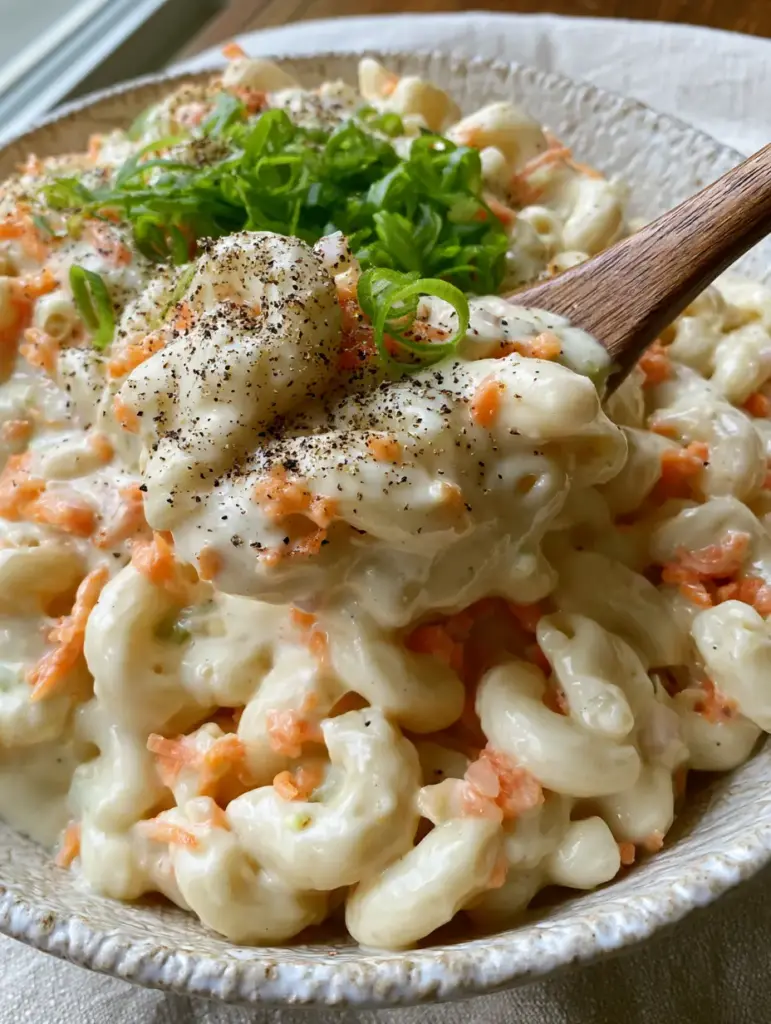 Macaroni Salad Recipe: The Ultimate Creamy Hawaiian-Style Comfort 1 Close up of elbow macaroni coated in rich, creamy dressing with orange carrot flecks and black pepper garnish. (macaroni salad recipe)