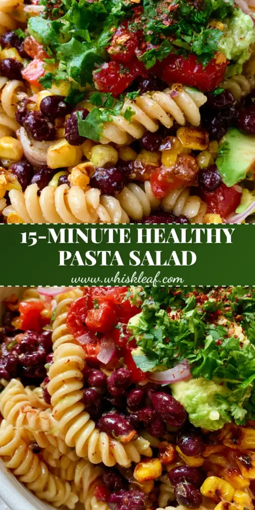 Black Bean and Corn Pasta Salad with Zesty Lime Glaze 3 A vibrant black bean and corn pasta salad in a white bowl showing charred corn, creamy avocado, and glossy beans.